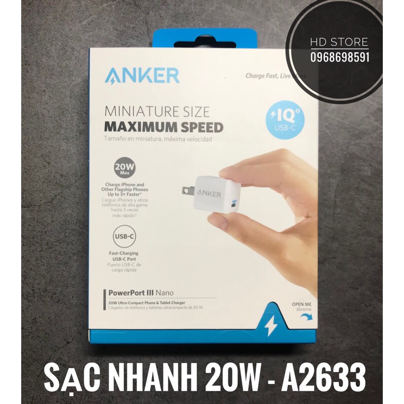 [Mã ELMS5 giảm 7% đơn 300k] Sạc ANKER PowerPort Nano III 20W IQ3.0 Sạc nhanh PD Iphone - Mã A2633