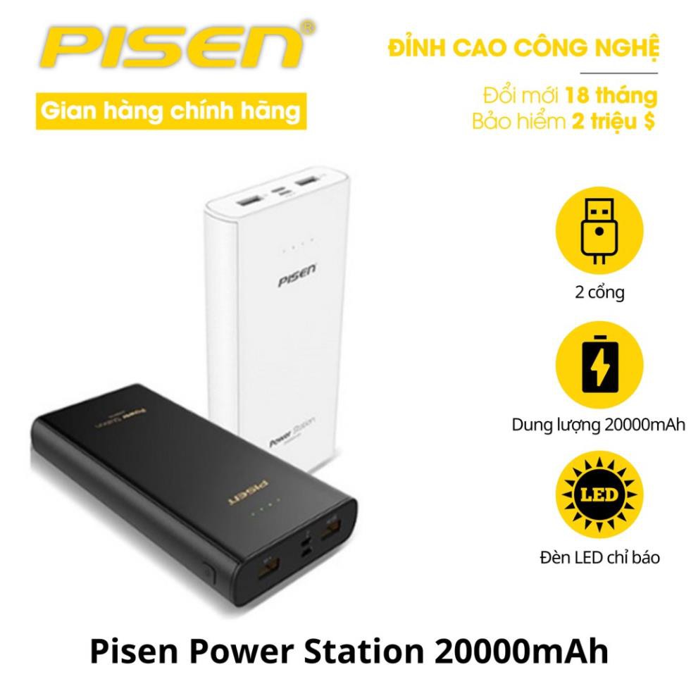 Sạc dự phòng Pisen Power Station 20000mAh (1x Micro USB, 1x Type-C, 2 x USB Smart ) - Hàng chính hãng