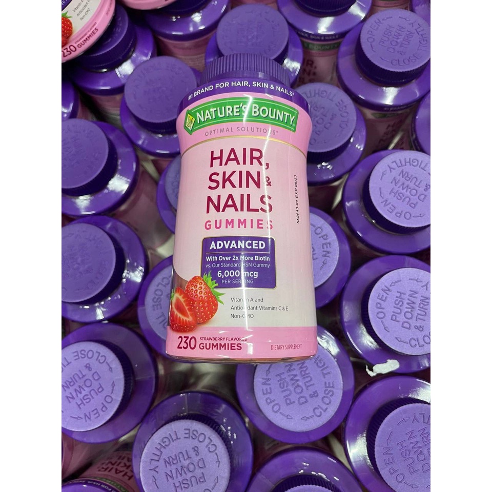 Kẹo dẻo mọc tóc, đẹp da ⚡ HÀNG CAO CẤP ⚡ Kẹo dẻo Hair, Skin & Nails Gummies, 230 viên, Vị dâu, 6000mcg Biotin