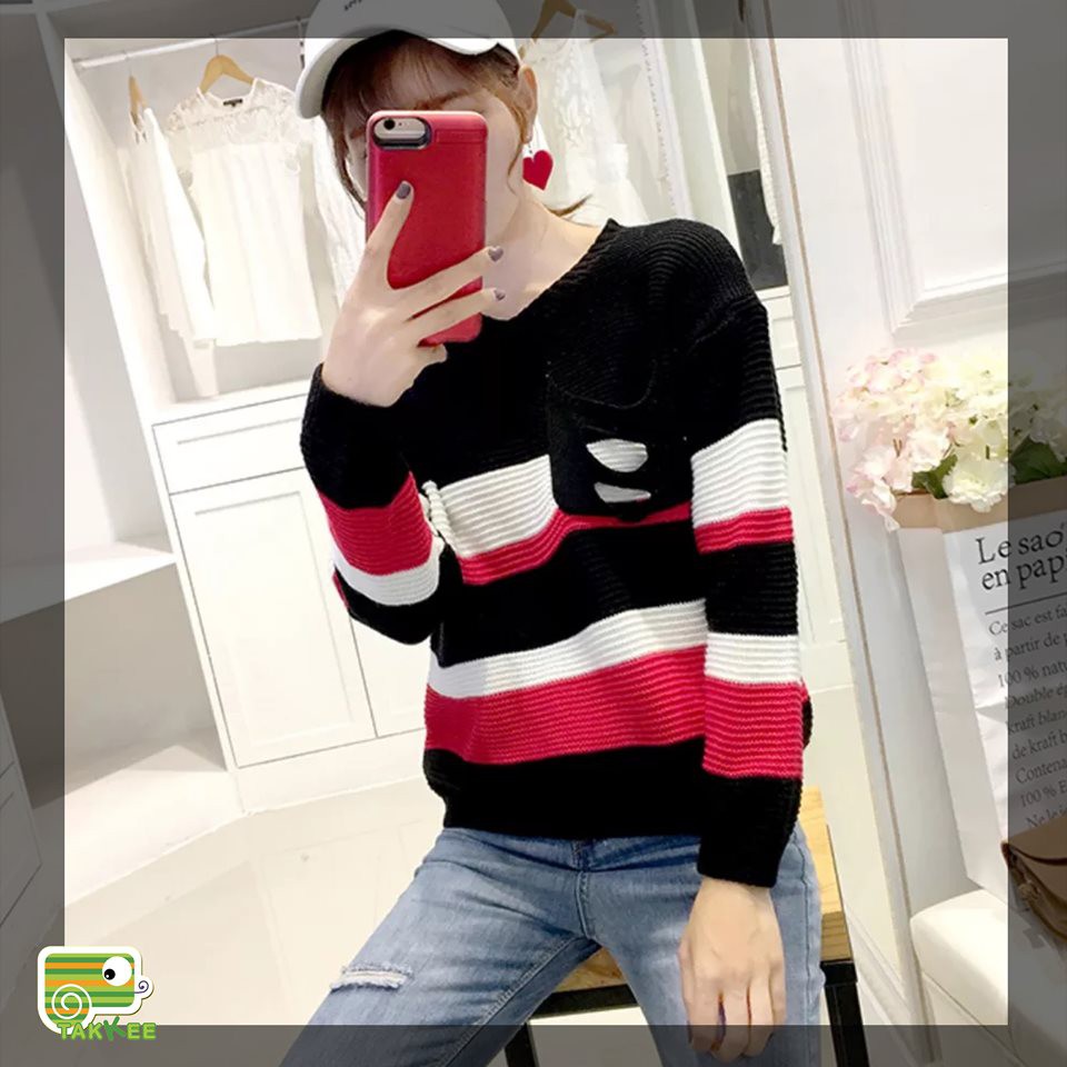 ÁO THU ĐÔNG ÁO LEN THỜI TRANG NỮ HỌA TIẾT KẺ NGANG PHONG CÁCH HÀN QUỐC