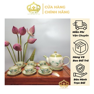 Bộ ấm chén uống trà bát tràng cao cấp, bộ ấm trà gốm sứ -bộ men rong vẽ tay 004