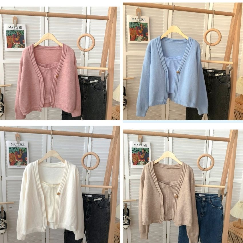 Set áo khoác len cardigan 1 nút viền gân + áo 2 dây len gân thời trang nữ ulzzang Hàn Quốc Fmstyle Saigon 21ALU11IA2401 | BigBuy360 - bigbuy360.vn