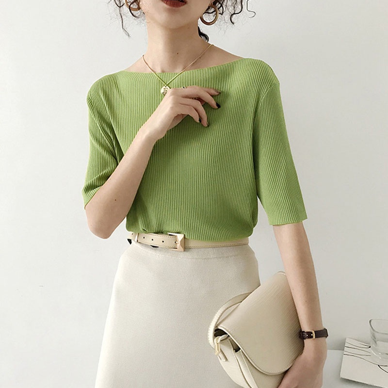 Áo kiểu IELGY dệt kim lụa lạnh co giãn tay ngắn nhiều màu trơn tùy chọn phong cách Nhật Hàn thời trang ngọt ngào cho nữ