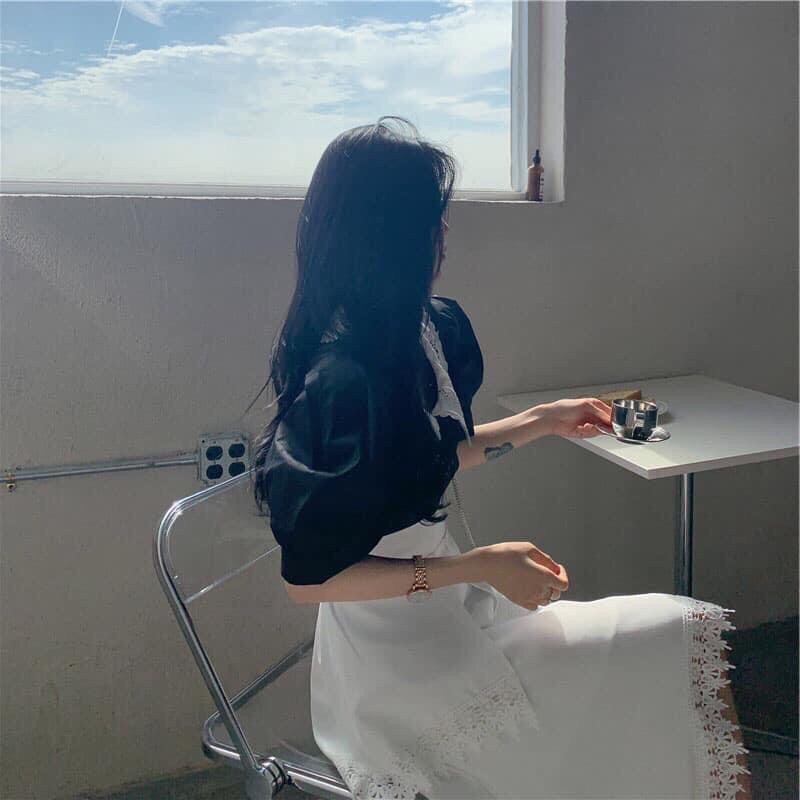 Sét áo sơ mi+ chân váy trắng tay bồng hàn quốc mầu trắng đen đối lập thanh lịch