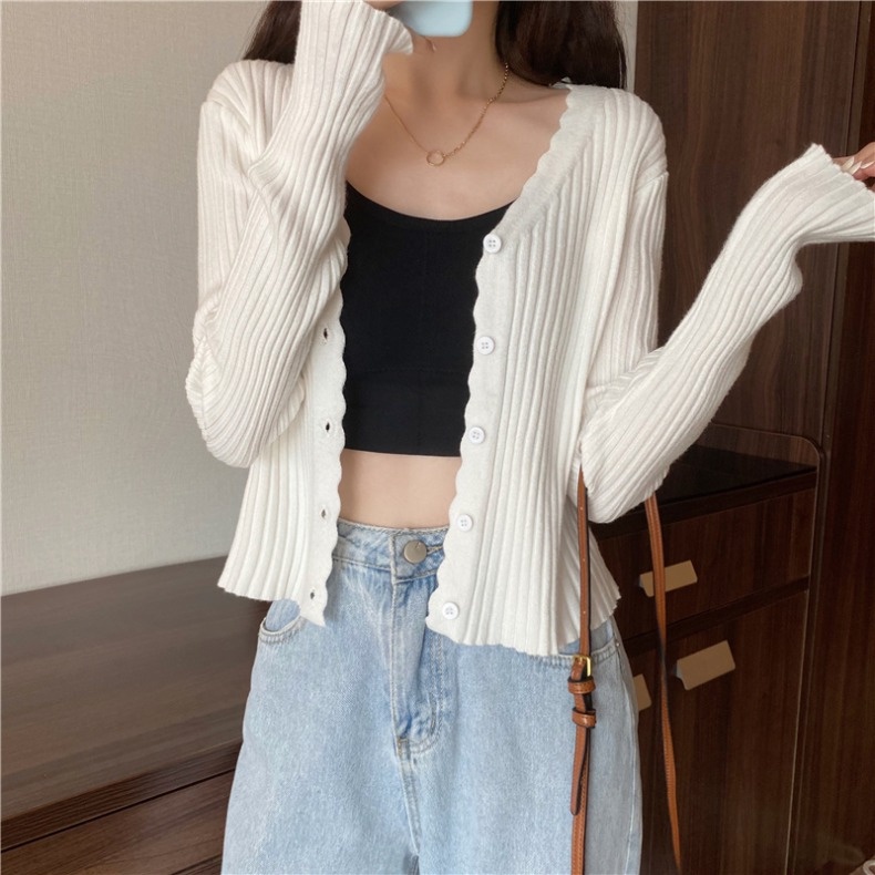 Áo cardigan dệt kim ZHELIHANGFEI tay dài cổ chữ V dáng ôm phong cách gợi cảm