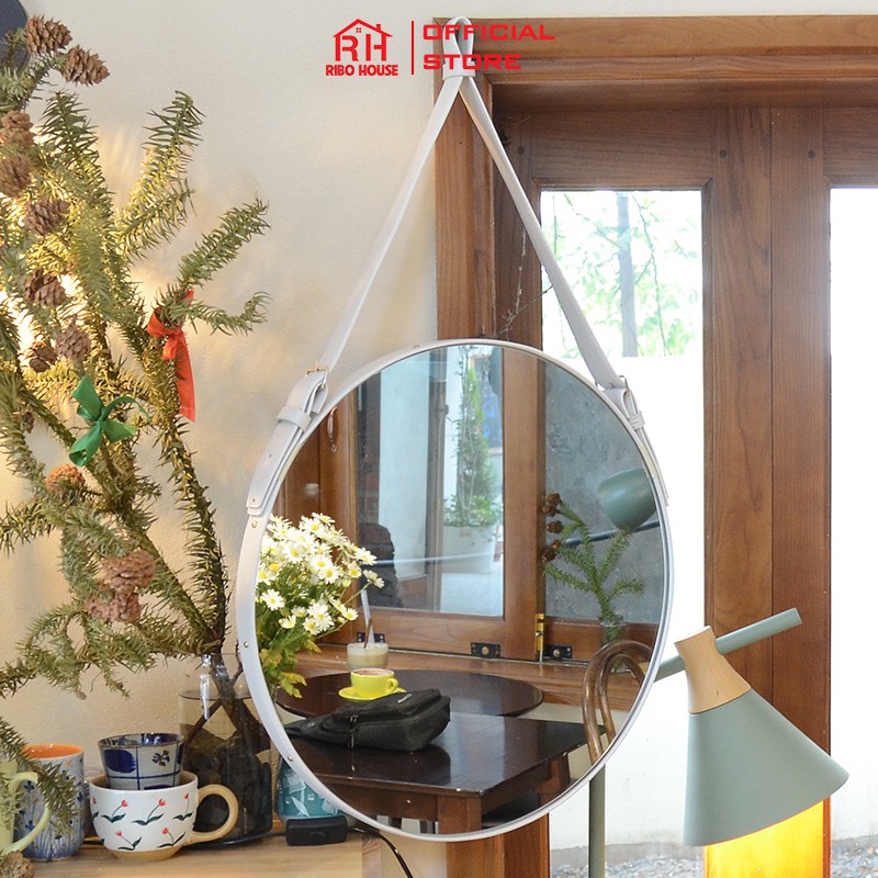 Gương trang điểm RIBO HOUSE dây da D40 kính cường lực gương treo tường trang trí homestay nhà nghỉ khách sạn cafe RIBO41