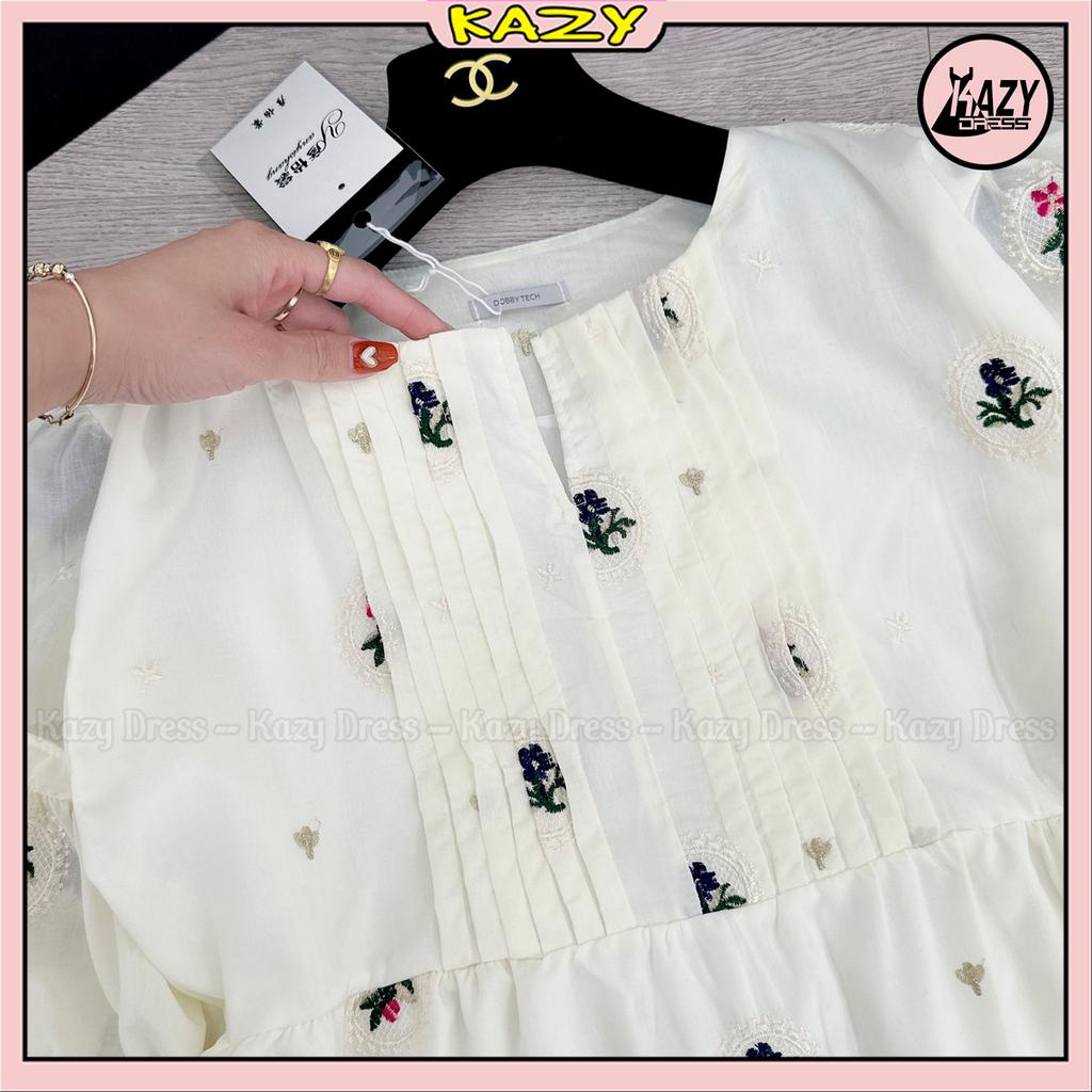 Váy babydoll chất vải thô đũi hoa thêu nổi phong cách dễ thương KAZY DRESS V057
