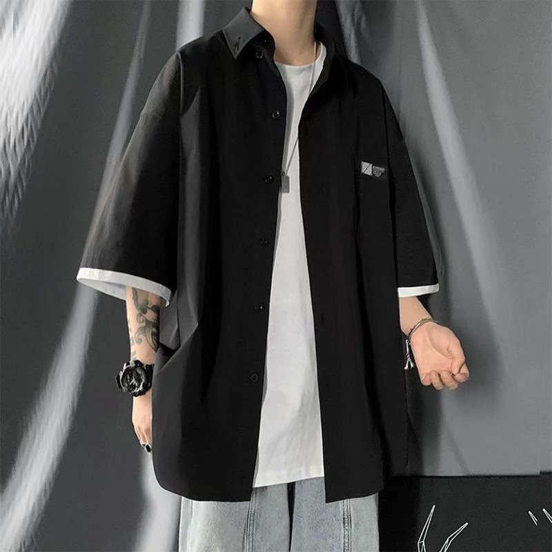 Áo Sơ Mi Giả 2 Lớp Tay Ngắn Dáng Rộng Phong Cách Hàn Quốc Cho Nam Giới