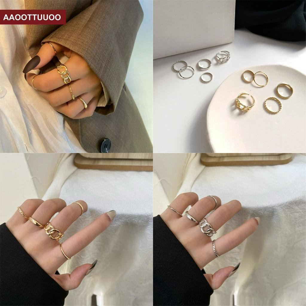 Set 5 nhẫn mạ vàng thiết kế đơn giản phong cách cổ điển