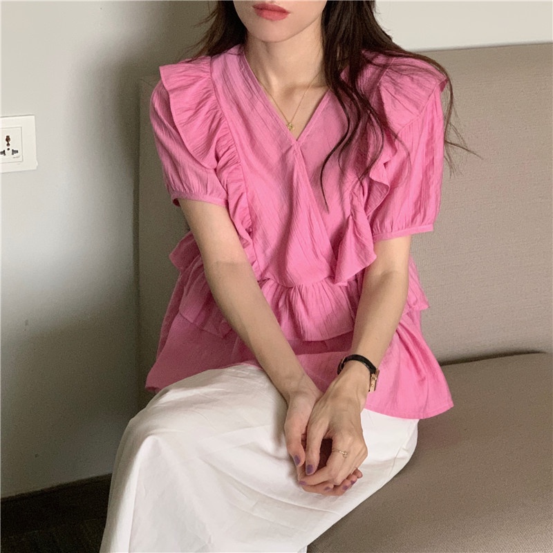 SUXI Áo Sơ Mi Tay Ngắn Cổ Chữ V Màu Sắc Ngọt Ngào Phong Cách Hàn Quốc Thời Trang Mùa Hè Cho Nữ