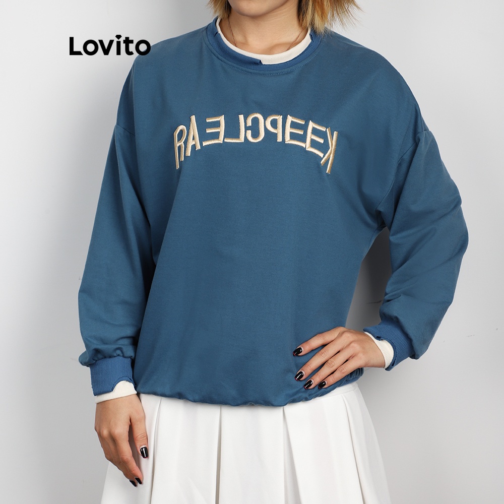 Áo sweatshirt Lovito in chữ giản dị 2 trong 1 L07994 (xanh lam)