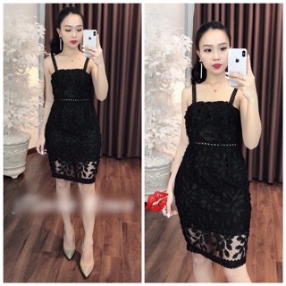 Đầm body cúp ren nổi đính hạt 2 dây