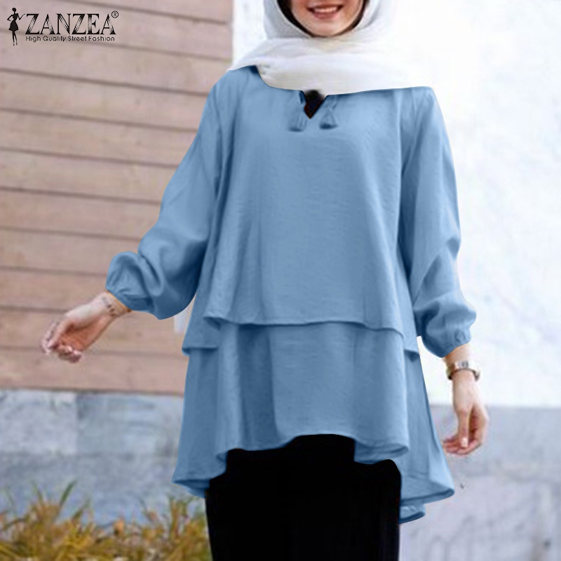 Áo kiểu nữ ZANZEA cổ chữ V tua rua hai lớp màu trơn cho phụ nữ hồi giáo
