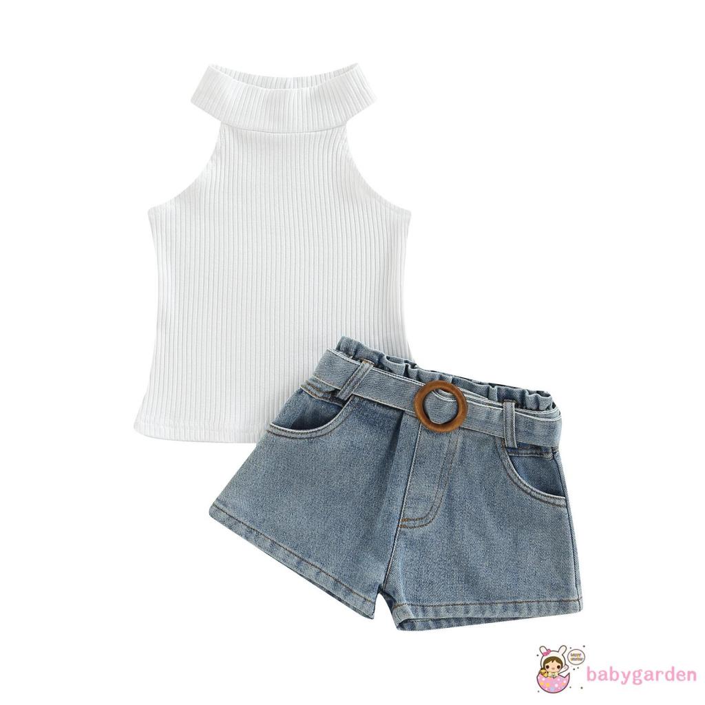 Bộ Áo Sát Nách Cổ Cao + Quần Short Denim Lưng Cao Kèm Thắt Lưng Thời Trang Mùa Hè Cho Bé Gái 1-6 Tuổi