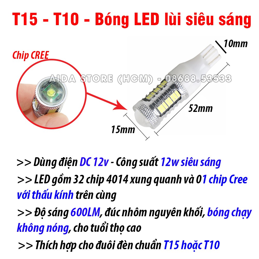 Bóng đèn lùi T15 T10 LED CREE thấu kính max sáng DC 12v 12w