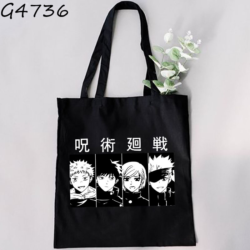 Jujutsu kaisen Túi vải Màu Đen Họa Tiết anime Thời Trang harajuku Cho Nữ