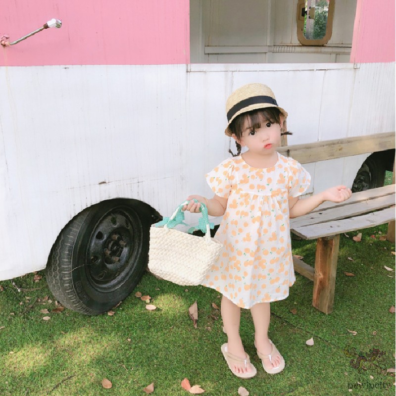 Đầm Tay Ngắn In Hình Quả Cam Dễ Thương Cho Bé Gái