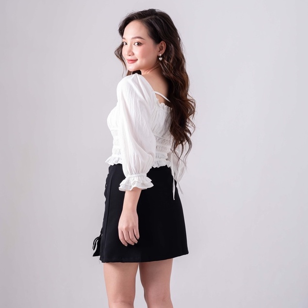 Áo croptop ulzzang trắng buộc dây cổ - áo bèo nhún ôm chun | BigBuy360 - bigbuy360.vn