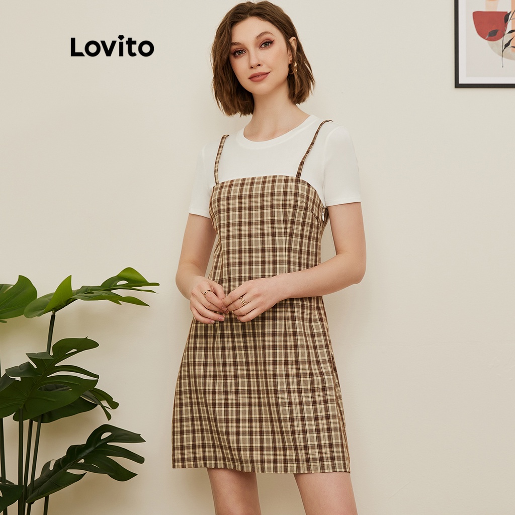 Đầm Lovito 2 trong 1 khâu vải gingham phong cách Preppy L19D013 (màu be)