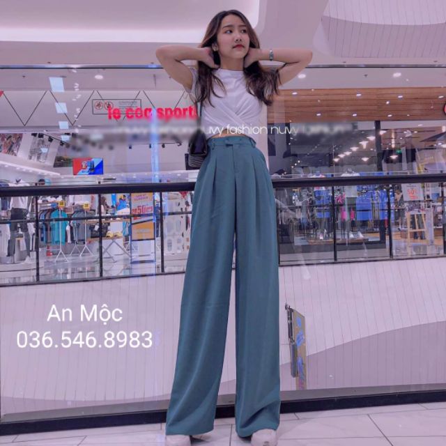 Quần Suông From Dài Lưng Cao Xếp Ly Màu Xanh Cổ Vịt From dài 100cm cho nữ