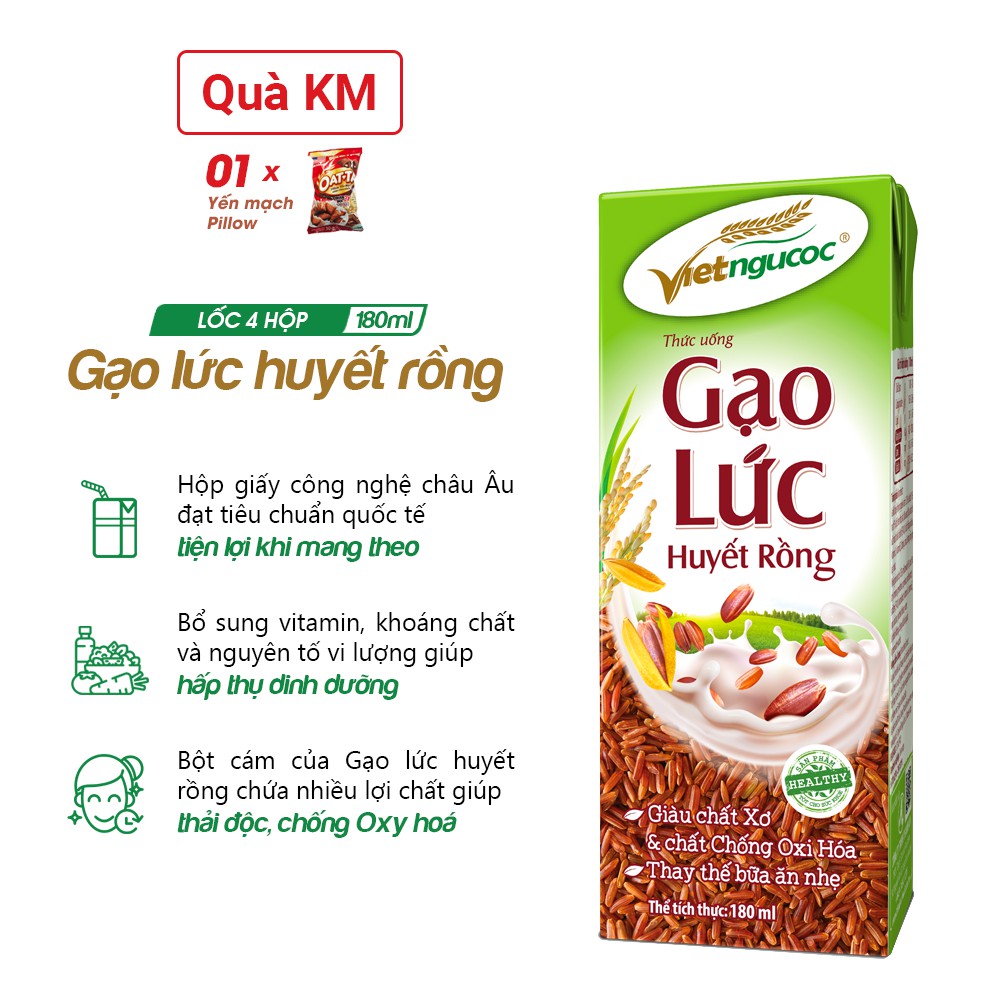 Thức uống Gạo lức huyết rồng Việt Ngũ Cốc lốc 4 hộp - 180ml/hộp - Tặng Oatta Pillow Yến mạch