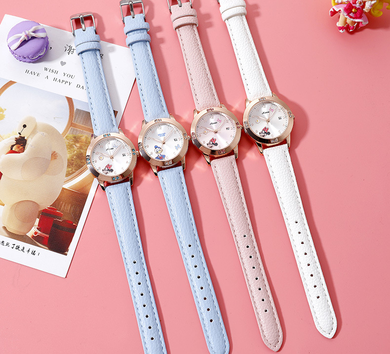 Đồng Hồ Đeo Tay Máy Quartz Dạ Quang In Hoạt Hình Disney Minnie Donald Bằng Thép Không Gỉ Dễ Thương Cho Bé Gái
