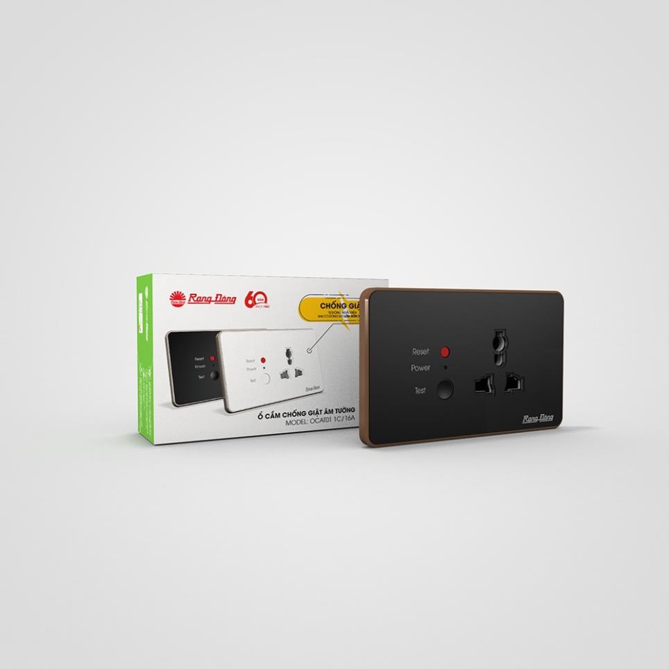 Ổ điện, Ổ cắm âm tường chống giật Rạng Đông OCAT01 1C/16A, phù hợp với hầu hết các loại phích cắm, có chân nối đất