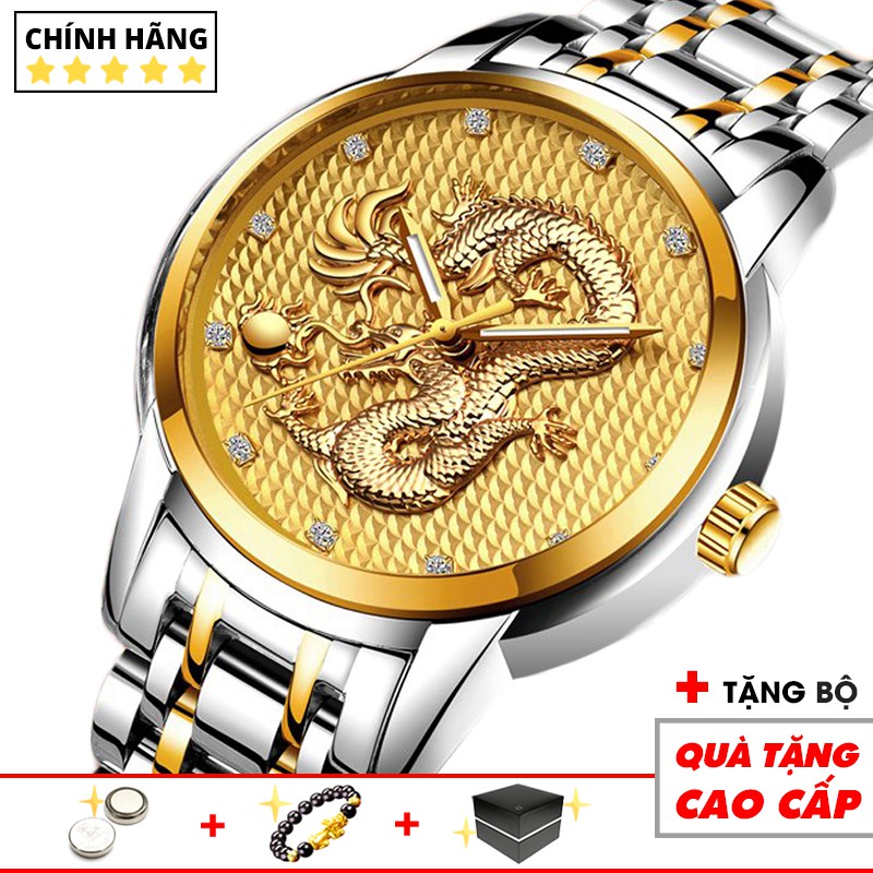 Đồng hồ nam rồng vàng chạm khắc 3D chính hãng kèm bộ quà tặng cao cấp DRAGON - Đồng Hồ Quốc Tế