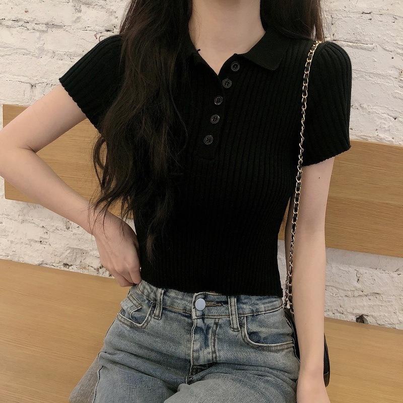 MS551 Áo polo len nữ đóng cúc, áo len nữ cộc tay cổ bẻ