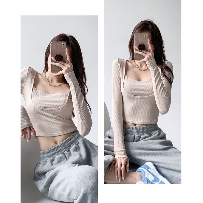 【Cocory】Áo croptop dệt kim form ôm tay dài trẻ trung hợp thời trang cho nữ