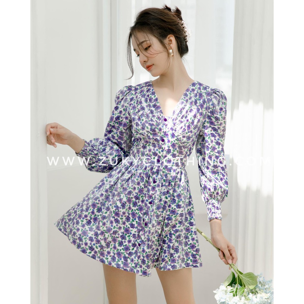 Zuky clothing - Đầm hoa xòe cổ Tim tay dài phù hợp đi chơi dạo phố