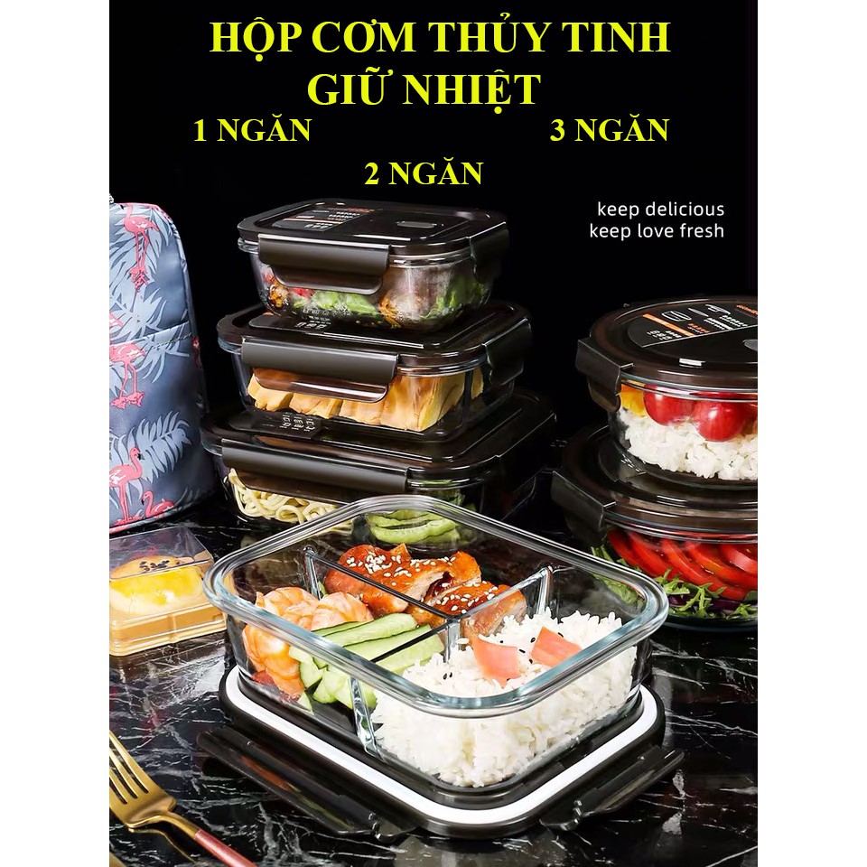 Hộp cơm văn phòng thủy tinh giữ nhiệt có chia ngăn 3 ngăn 2 ngăn + Tặng kèm túi giữ nhiệt và thìa đũa