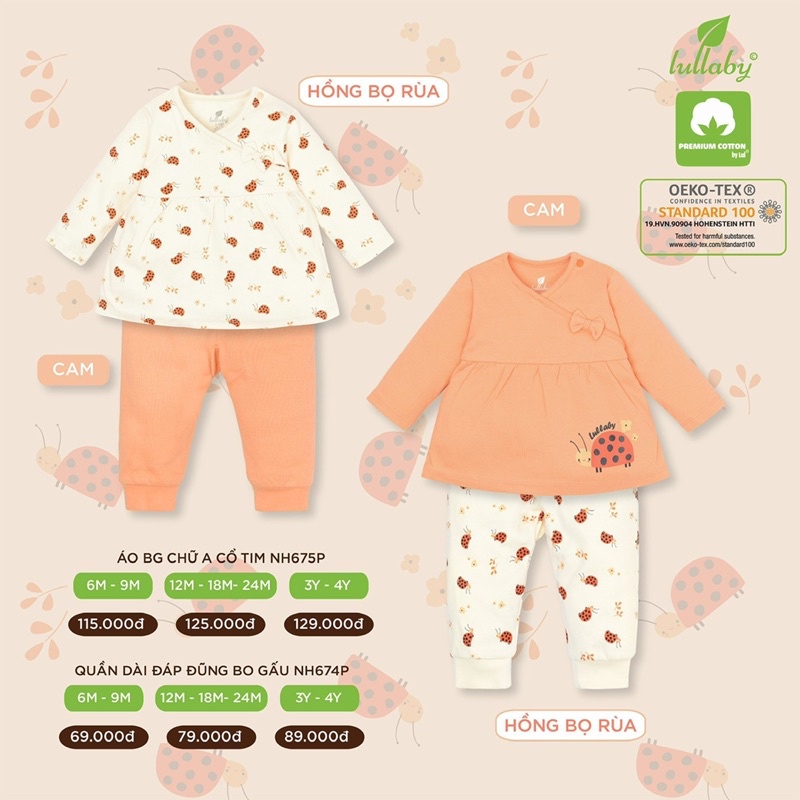 Bộ dài tay bé gái cổ tim Lullaby NH675P vải cotton