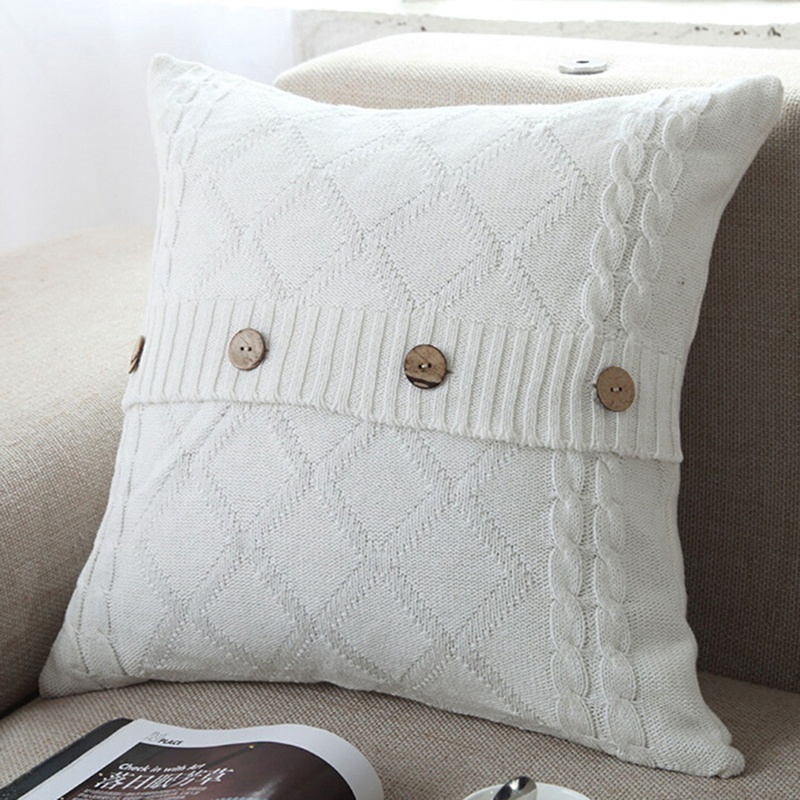 Vỏ Bọc Gối Sofa Đan Len Hình Vuông Phối Nút Kiểu Retro Trang Trí Phòng Ngủ
