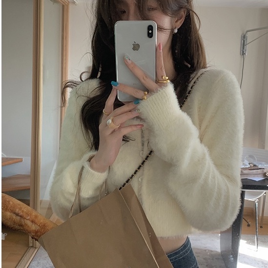 Áo khoác cardigan vải nhung tay dài cổ tròn màu trắng/ màu hồng thời trang thu đông dành cho nữ | BigBuy360 - bigbuy360.vn