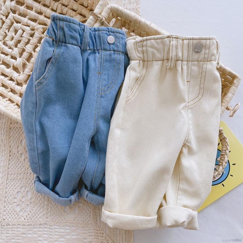 Quần Jeans Xắn Ống Dáng Rộng Cạp Cao Phong Cách Hàn Quốc Cho Bé 0-4 Tuổi