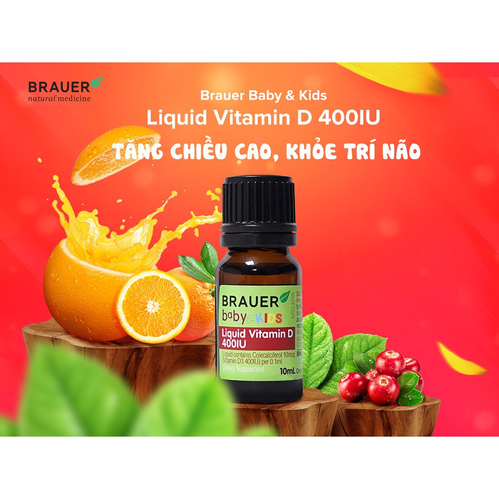 Vitamin D 400IU dạng nước Brauer Baby &amp; Kids Liquid Vitamin D 400IU cho trẻ sơ sinh và trẻ nhỏ (10 ml)