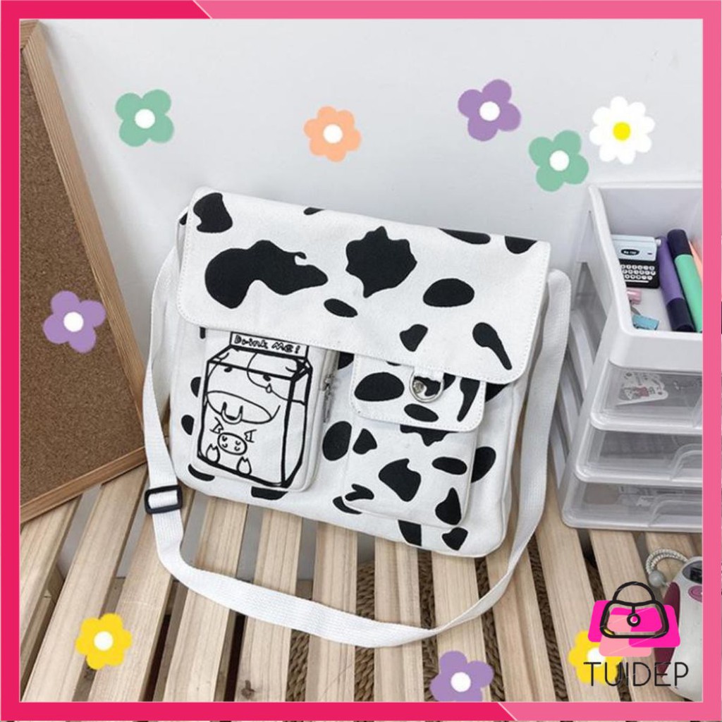 Túi tote túi vải canvas đeo chéo đeo vai nam nữ unisex in hình bò sữa siêu hot đủ loại size to bé giá rẻ Tuidepstore