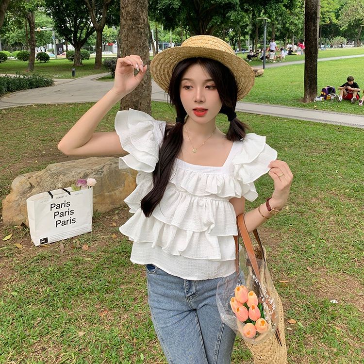 Jiashucheng Áo Sơ Mi Ngắn Cổ Vuông Tay Bèo Ngọt Ngào Đơn Giản Thời Trang Mùa Hè 2023 Phong Cách Mới