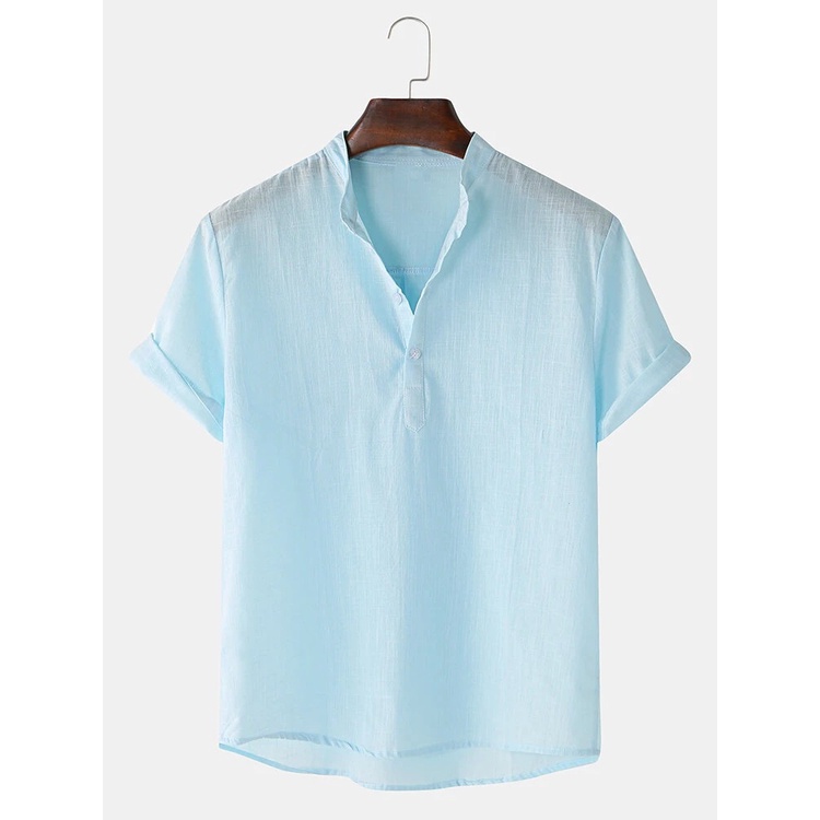 BEFOYI Men's Shirt Cotton Short Sleeve Solid Color Stand Collar Top MJ5122