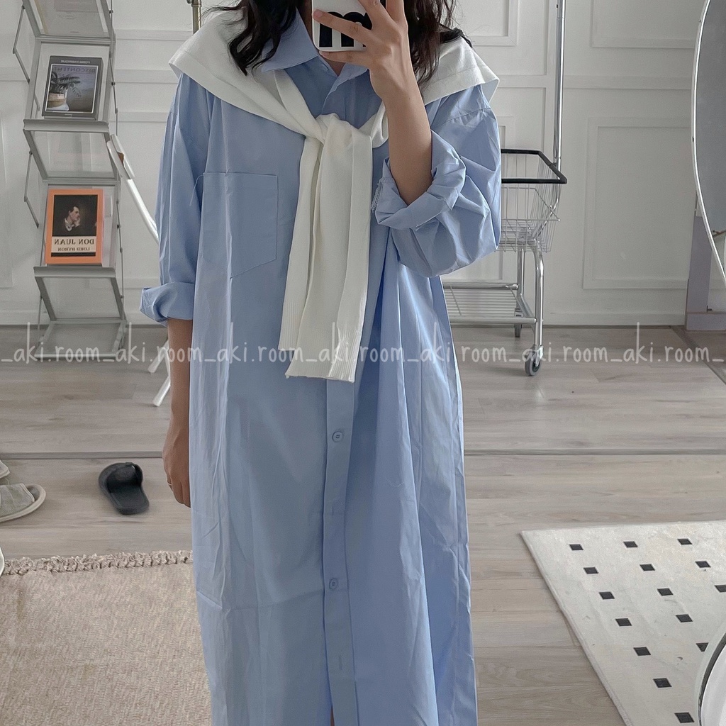 Váy sơ mi thô lụa trơn dài tay form rộng túi ngực trái 9922