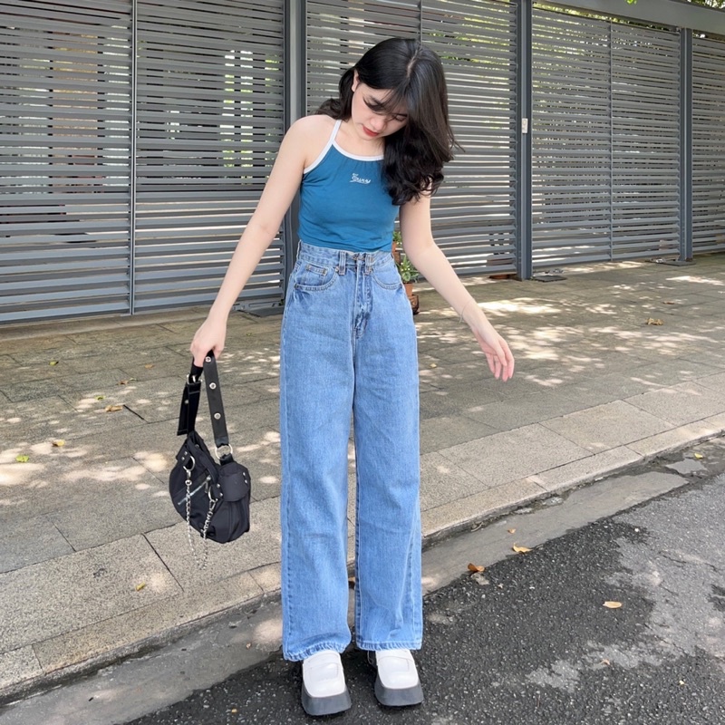 [NEW] Quần jean nữ lưng siêu cao dáng ống rộng màu xanh nhạt, hàng cao cấp - Ms04