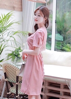 Đầm hồng cổ V form ngắn (kèm hình thật)