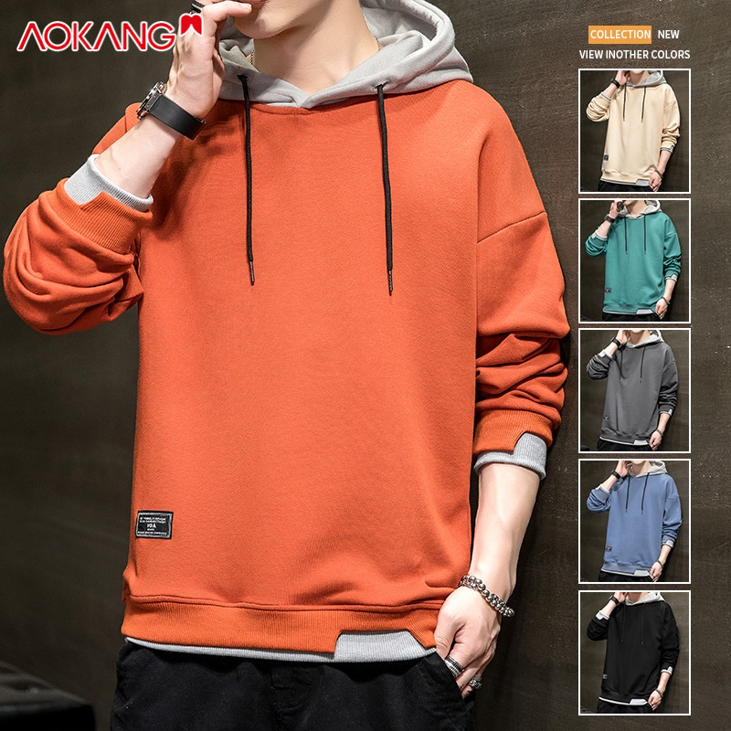 Áo hoodie AOKANG dáng rộng tay dài mỏng màu trơn thêu nhãn thời trang mới trẻ trung dành cho nam