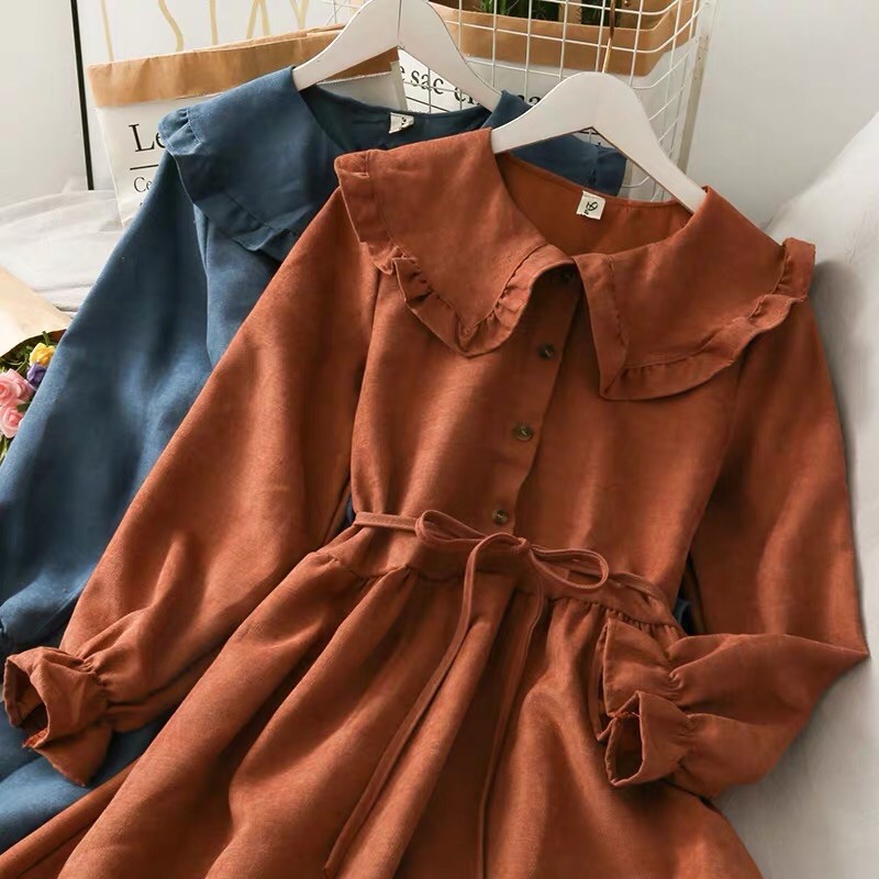 [Order/ không sẵn] Váy vintage dáng ngắn cổ bèo thắt eo. Đầm xoè dáng babydoll tay bồng