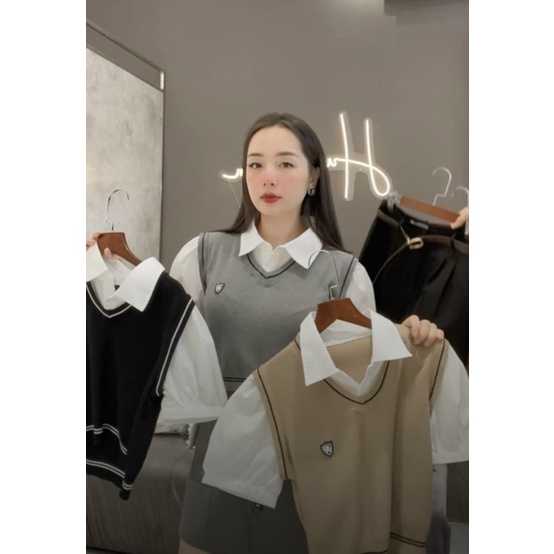 Áo Len Phối Cổ Sơ Mi Giả Ghile Vintage, Len mongtoghi Quảng Châu 436