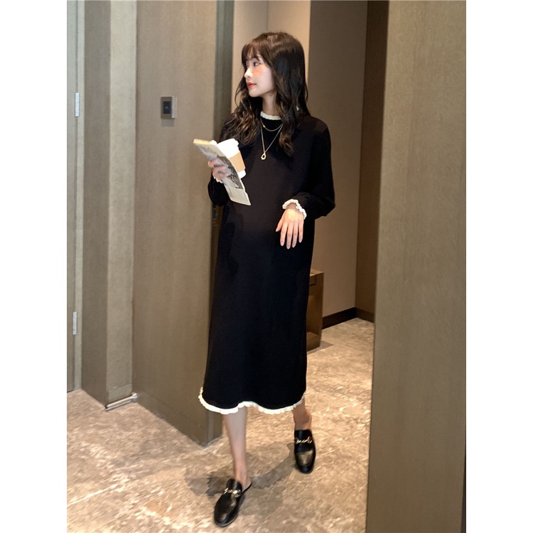 Váy đầm len suông bầu và sau sinh phối viền trắng phong cách hàn quốc nhã nhặn trẻ trung cho mùa thu đông ấm áp