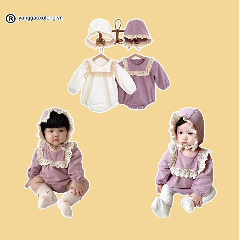 Áo liền quần dài tay phối ren + mũ thời trang mùa thu xinh xắn cho bé gái sơ sinh