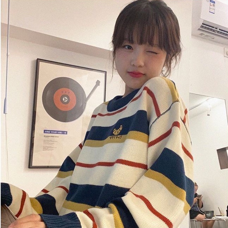 Áo Len Dài Tay Họa Tiết Sọc Thêu Phong Cách Hàn Quốc Thời Trang Thu Đông Mới Cho Nữ