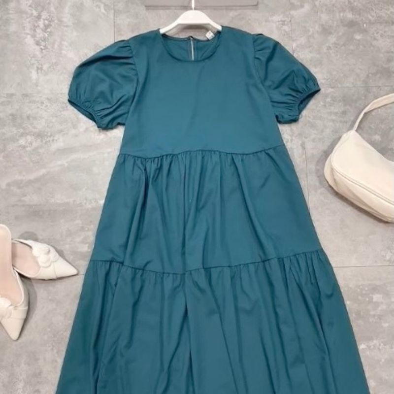 Đầm xuông rộng,váy xuông màu xanh cổ vịt tay bo phồng Mi Clothing 1007 | BigBuy360 - bigbuy360.vn